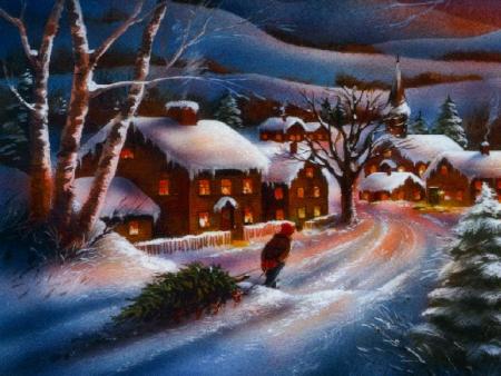 Paysage de Noel (enfant ramenant le sapin à la maison )
